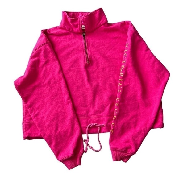 VICTORIAS Secret‎ Cropped 1/4 Zip Sweatshirt Drawstring Pink with Gold 90s Y2K - Picture 1 of 10